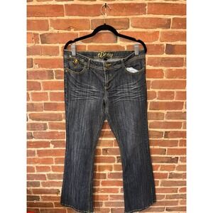 DEREON Women's Y2K Bootcut Jeans Dark Wash Gold Stitching Fleur de Lis Sz 13/14